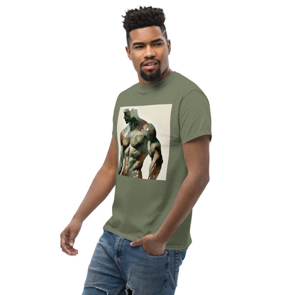 Watercolor camouflage. Gay muscular man with. beard rippling bulging muscles. T-shirt in a watercolor design great for dates the gym club wear going out. Super sexy fit. Army green t-shirt.  Front with details of product quality. Premium quality. Bestseller. Gift. Model 2