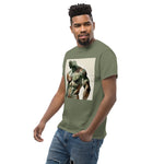 Watercolor camouflage. Gay muscular man with. beard rippling bulging muscles. T-shirt in a watercolor design great for dates the gym club wear going out. Super sexy fit. Army green t-shirt.  Front with details of product quality. Premium quality. Bestseller. Gift. Model 2