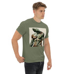 Watercolor camouflage. Gay muscular man with. beard rippling bulging muscles. T-shirt in a watercolor design great for dates the gym club wear going out. Super sexy fit. Army green t-shirt.  Front with details of product quality. Premium quality. Bestseller. Gift. Model 1