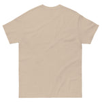 Watercolor camouflage. Gay muscular man with. beard rippling bulging muscles. T-shirt in a watercolor design great for dates the gym club wear going out. Super sexy fit. Sand tan t-shirt.  Front with details of product quality. Premium quality. Bestseller. Gift.  Back