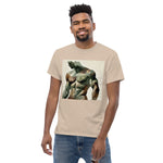 Watercolor camouflage. Gay muscular man with. beard rippling bulging muscles. T-shirt in a watercolor design great for dates the gym club wear going out. Super sexy fit. Sand tan t-shirt.  Front with details of product quality. Premium quality. Bestseller. Gift. Model 1