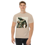 Watercolor camouflage. Gay muscular man with. beard rippling bulging muscles. T-shirt in a watercolor design great for dates the gym club wear going out. Super sexy fit. Sand tan t-shirt.  Front with details of product quality. Premium quality. Bestseller. Gift. Model 2