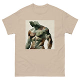 Watercolor camouflage. Gay muscular man with. beard rippling bulging muscles. T-shirt in a watercolor design great for dates the gym club wear going out. Super sexy fit. Sand Tan t-shirt.  Front with details of product quality. Premium quality. Bestseller. Gift. 