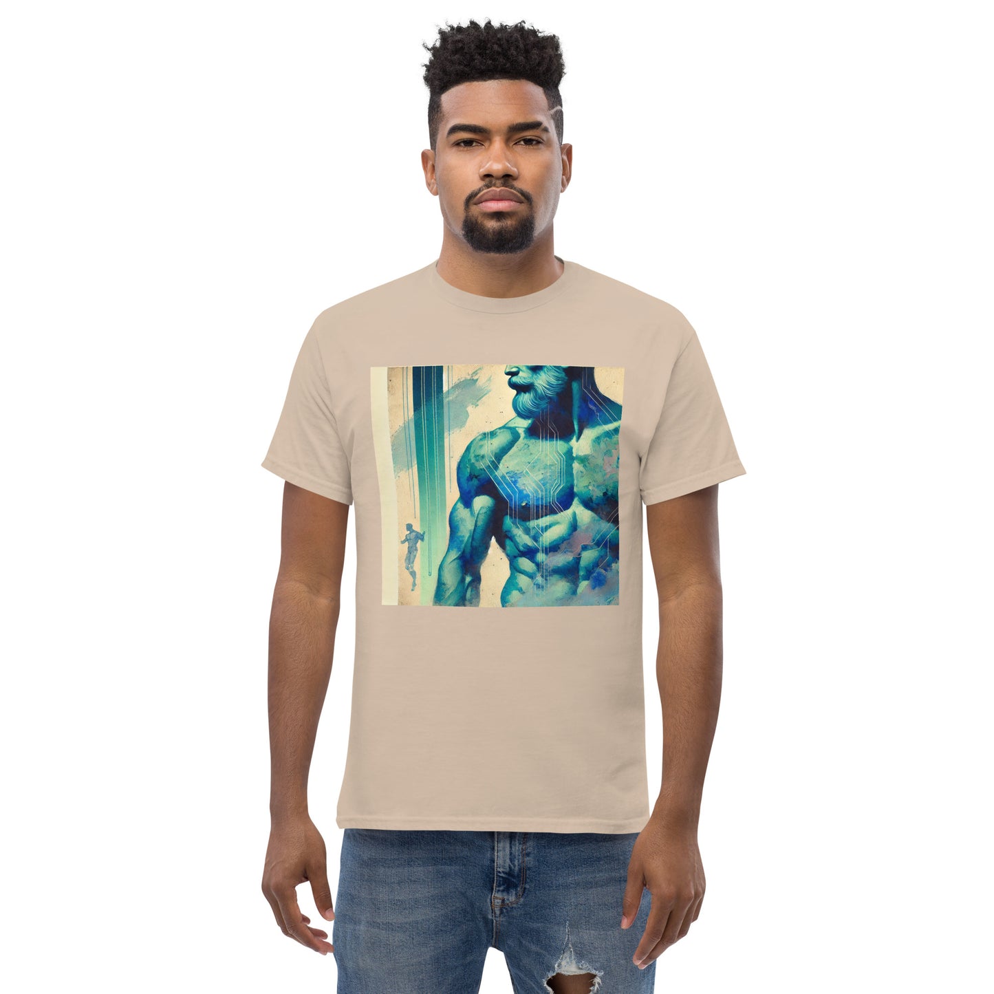 Gay muscular man with. beard rippling bulging muscles. T-shirt in a watercolor design great for dates the gym club wear going out. Super sexy fit.  Sand tan model 2