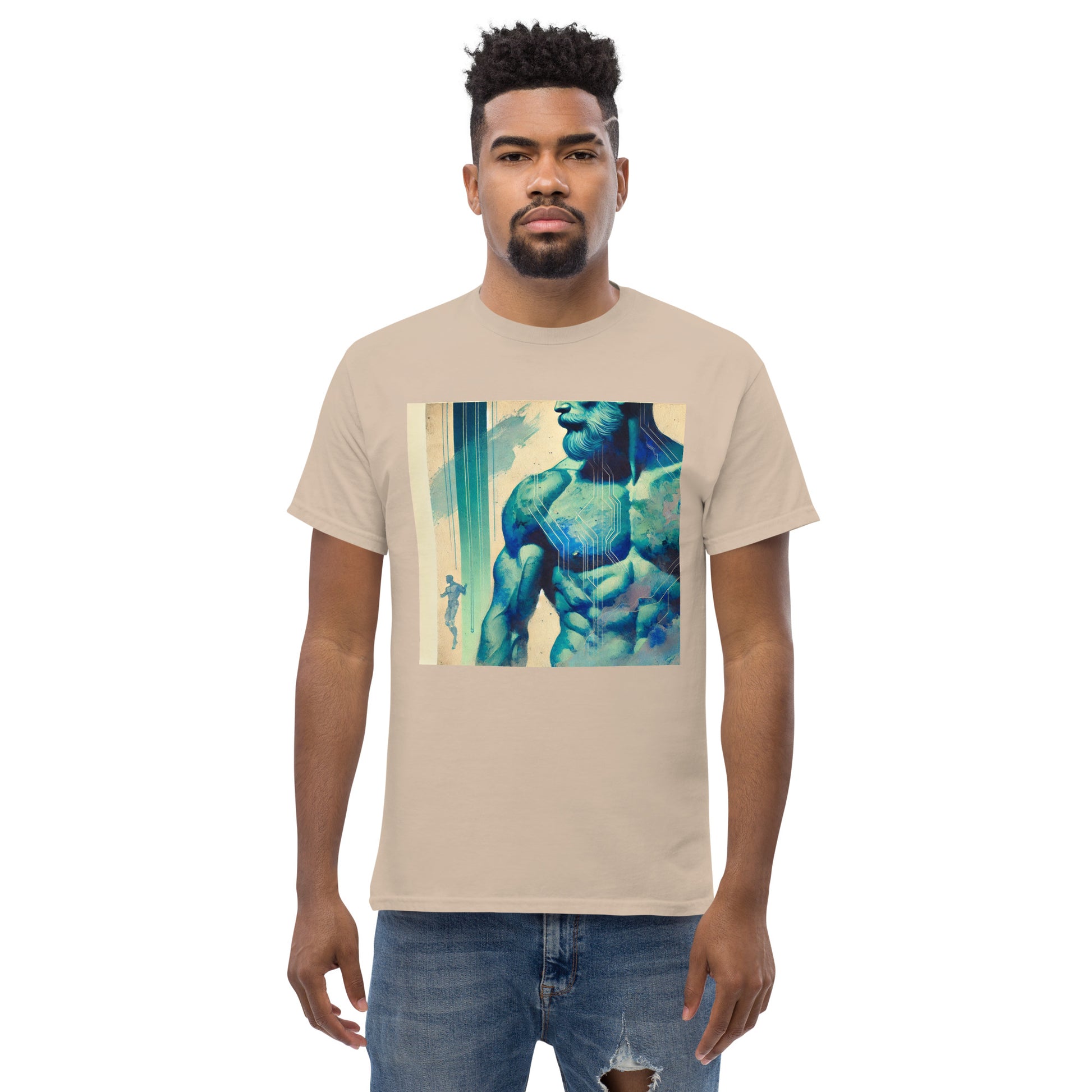 Gay muscular man with. beard rippling bulging muscles. T-shirt in a watercolor design great for dates the gym club wear going out. Super sexy fit.  Sand tan model 2