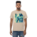 Gay muscular man with. beard rippling bulging muscles. T-shirt in a watercolor design great for dates the gym club wear going out. Super sexy fit.  Sand tan model 2