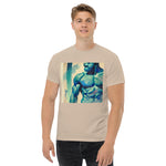 Gay muscular man with. beard rippling bulging muscles. T-shirt in a watercolor design great for dates the gym club wear going out. Super sexy fit. Sand model 3