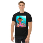 Black t-shirt with a vibrant graphic of a muscular merman covered in tattoos, swimming in a deep blue ocean.